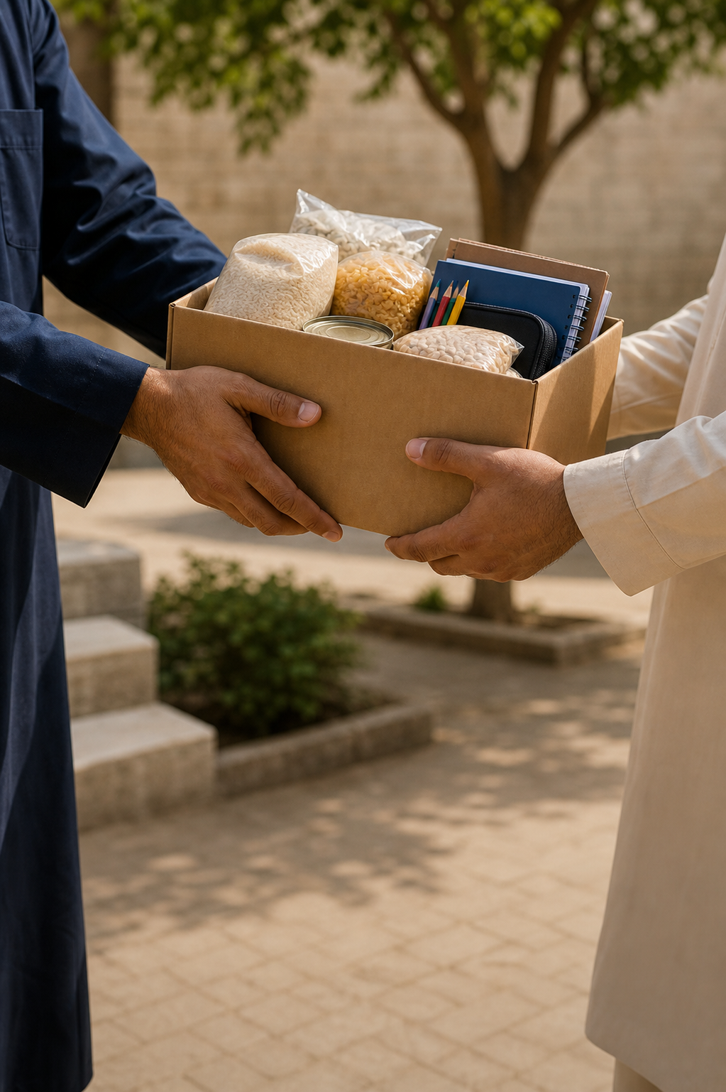 An aid parcel with groceries and school supplies being shared