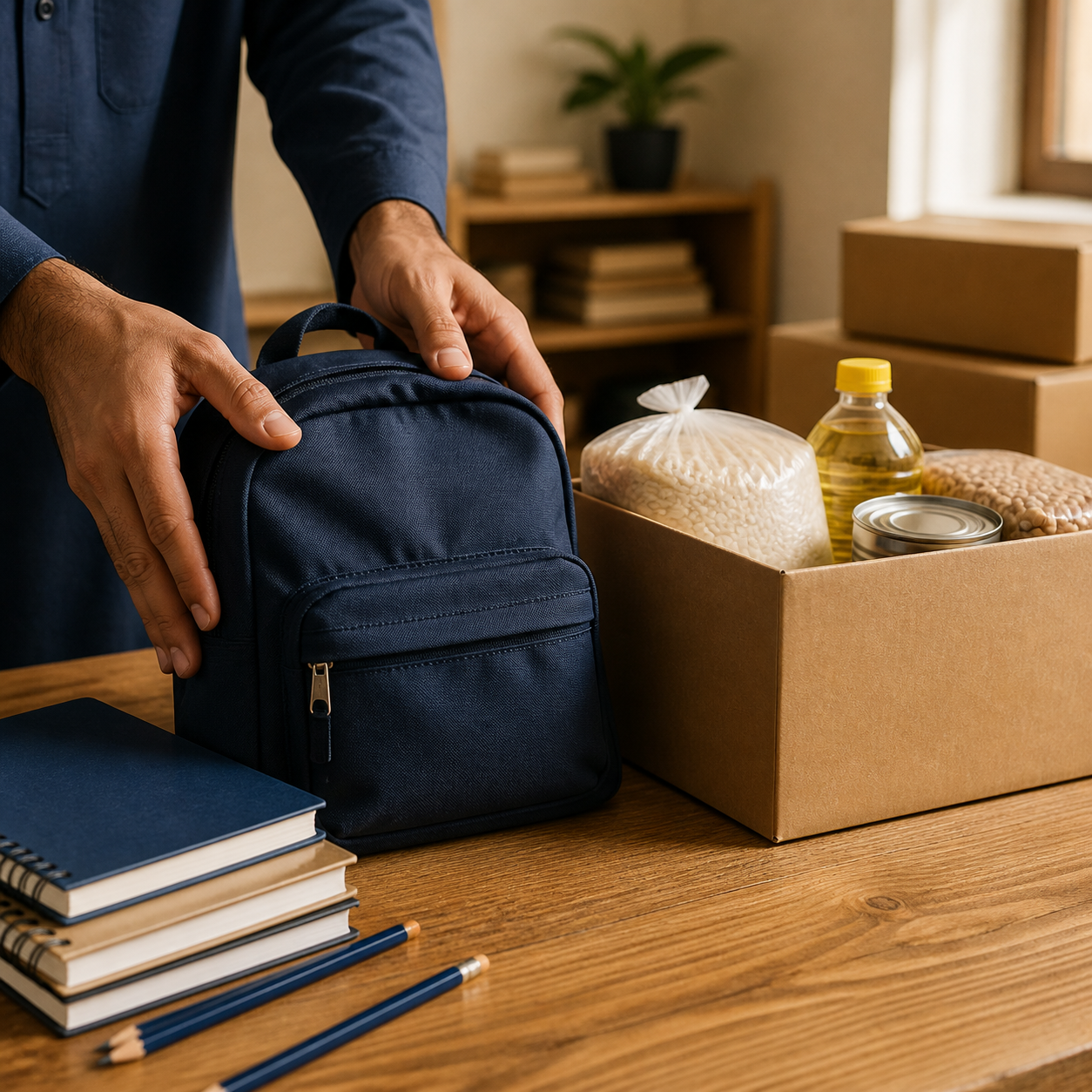 School bag and grocery parcel prepared for community support