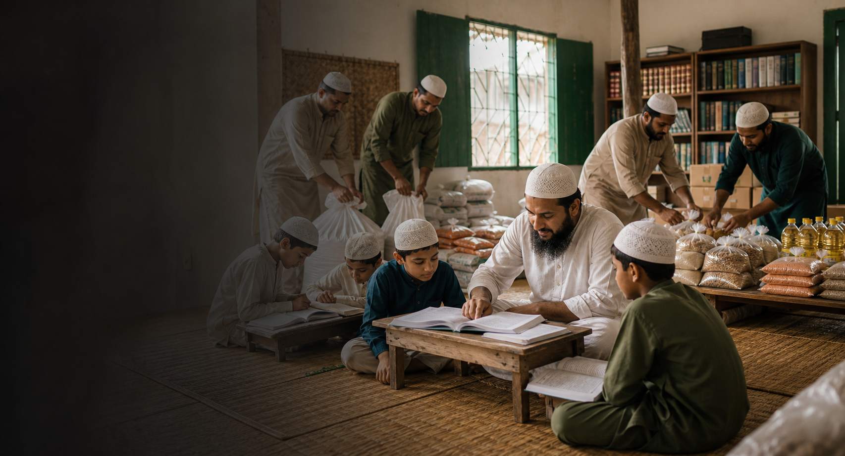 Bangladeshi volunteers and students sharing learning materials and community support